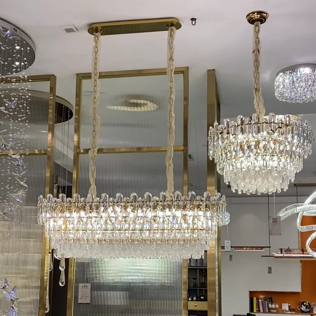 Light Luxury Round/Rectangular Clear Crystal Chandelier in Champagne Gold/Chrome Finish for Living/Dining Room/Bedroom