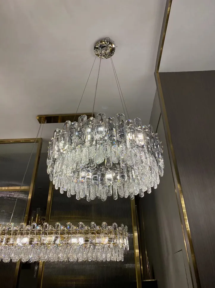 Light Luxury Round/Rectangular Clear Crystal Chandelier in Champagne Gold/Chrome Finish for Living/Dining Room/Bedroom