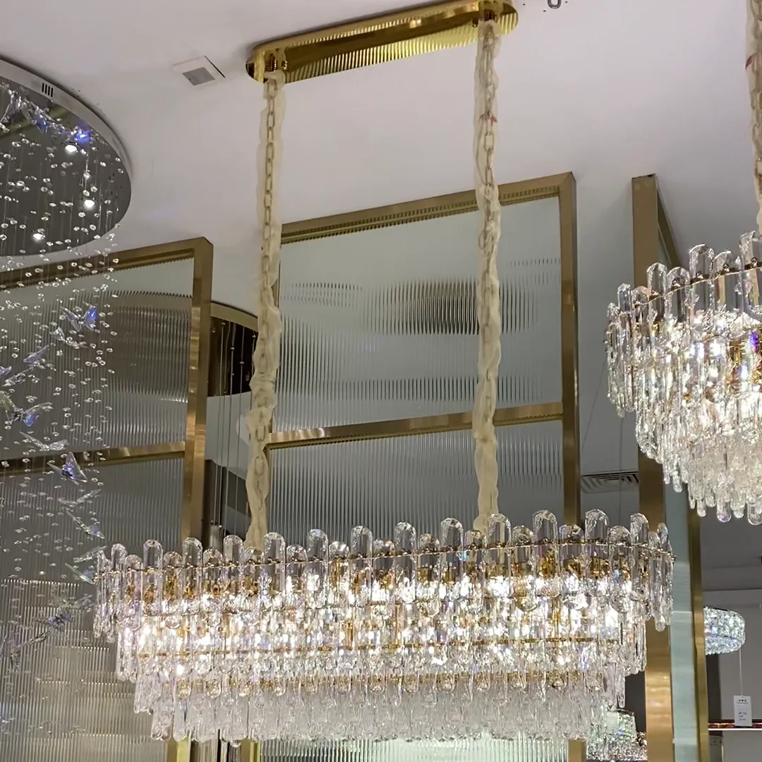 Light Luxury Round/Rectangular Clear Crystal Chandelier in Champagne Gold/Chrome Finish for Living/Dining Room/Bedroom