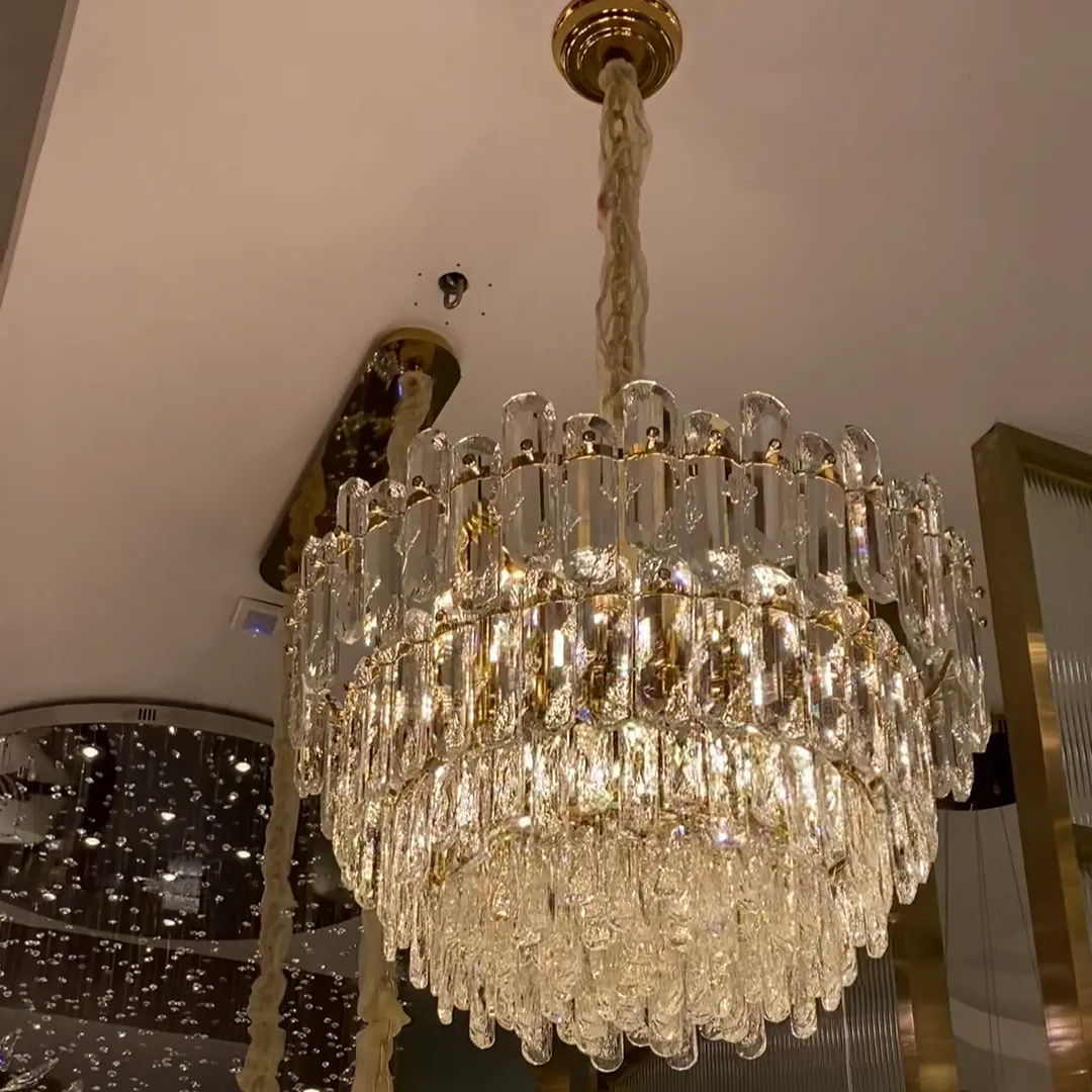 Light Luxury Round/Rectangular Clear Crystal Chandelier in Champagne Gold/Chrome Finish for Living/Dining Room/Bedroom