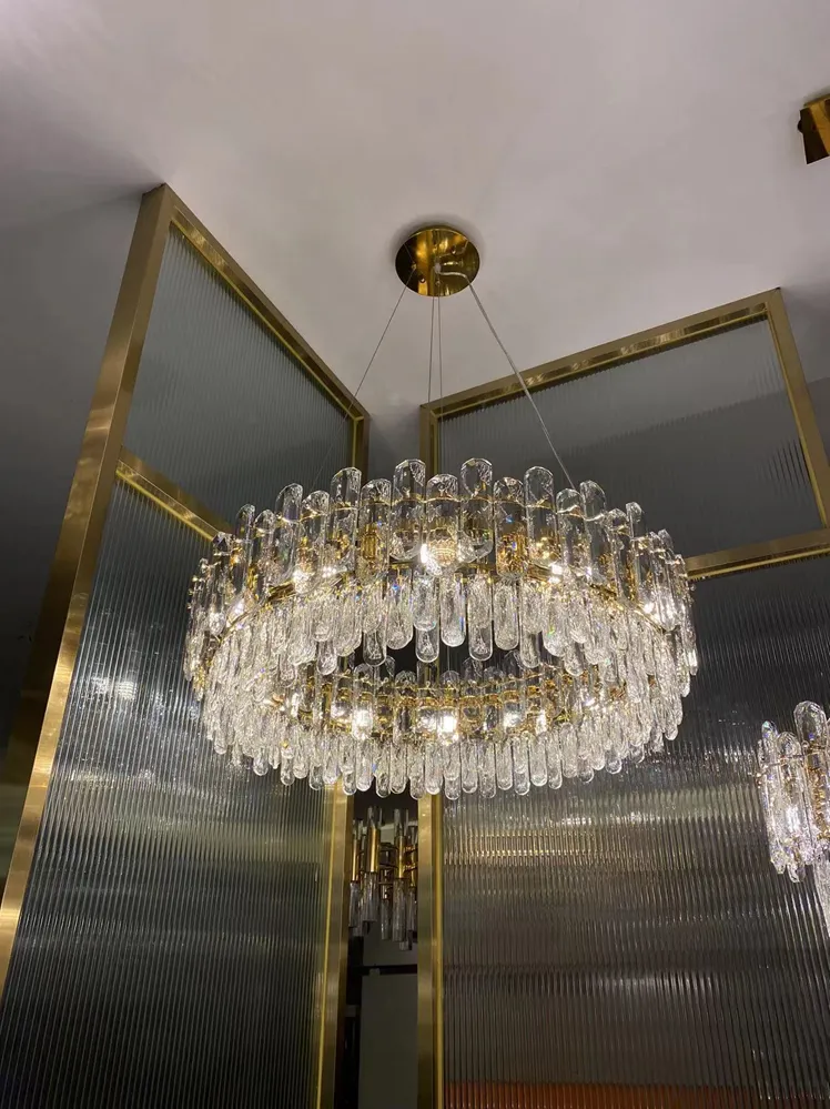 Light Luxury Round/Rectangular Clear Crystal Chandelier in Champagne Gold/Chrome Finish for Living/Dining Room/Bedroom