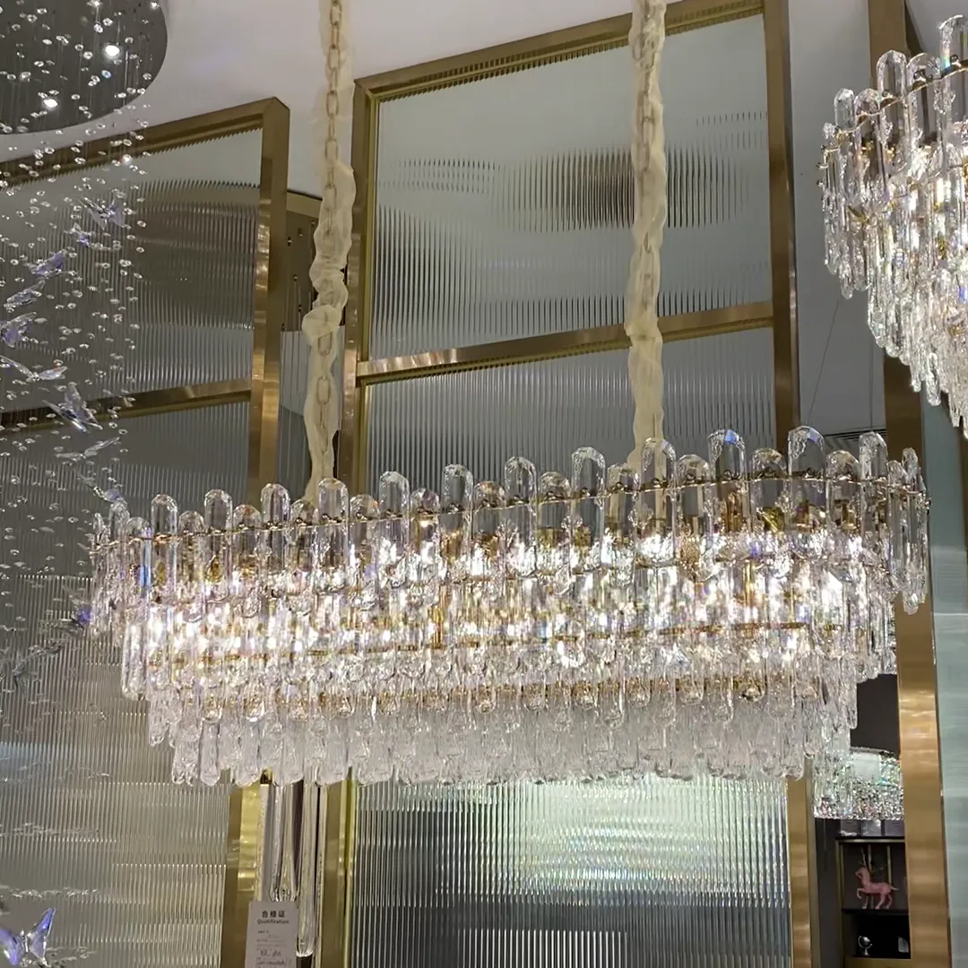 Light Luxury Round/Rectangular Clear Crystal Chandelier in Champagne Gold/Chrome Finish for Living/Dining Room/Bedroom