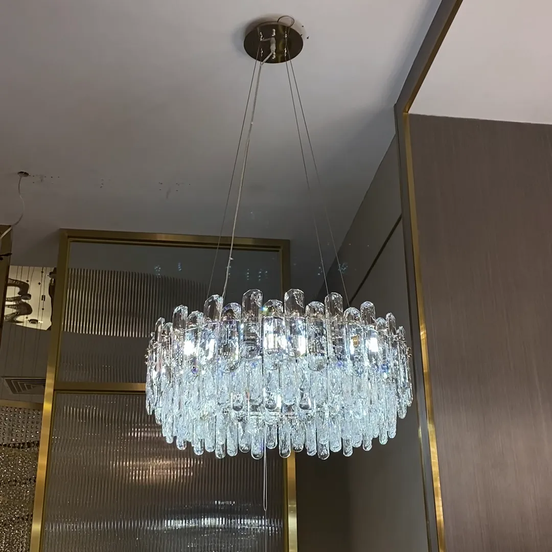 Light Luxury Round/Rectangular Clear Crystal Chandelier in Champagne Gold/Chrome Finish for Living/Dining Room/Bedroom