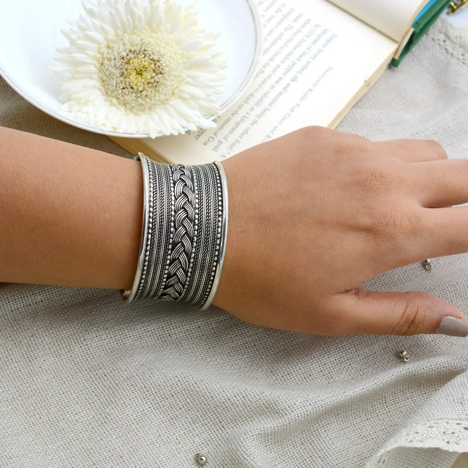 Madhu Braided Embossed Silver Oxidized Bracelet Cuff