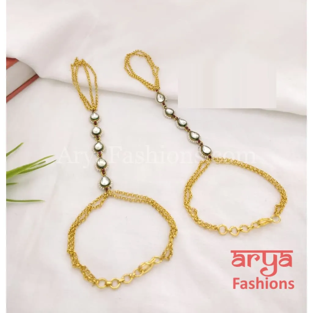 Mahira Hand Bracelet, Pacchi Kundan Hathphool Pair with Pearls