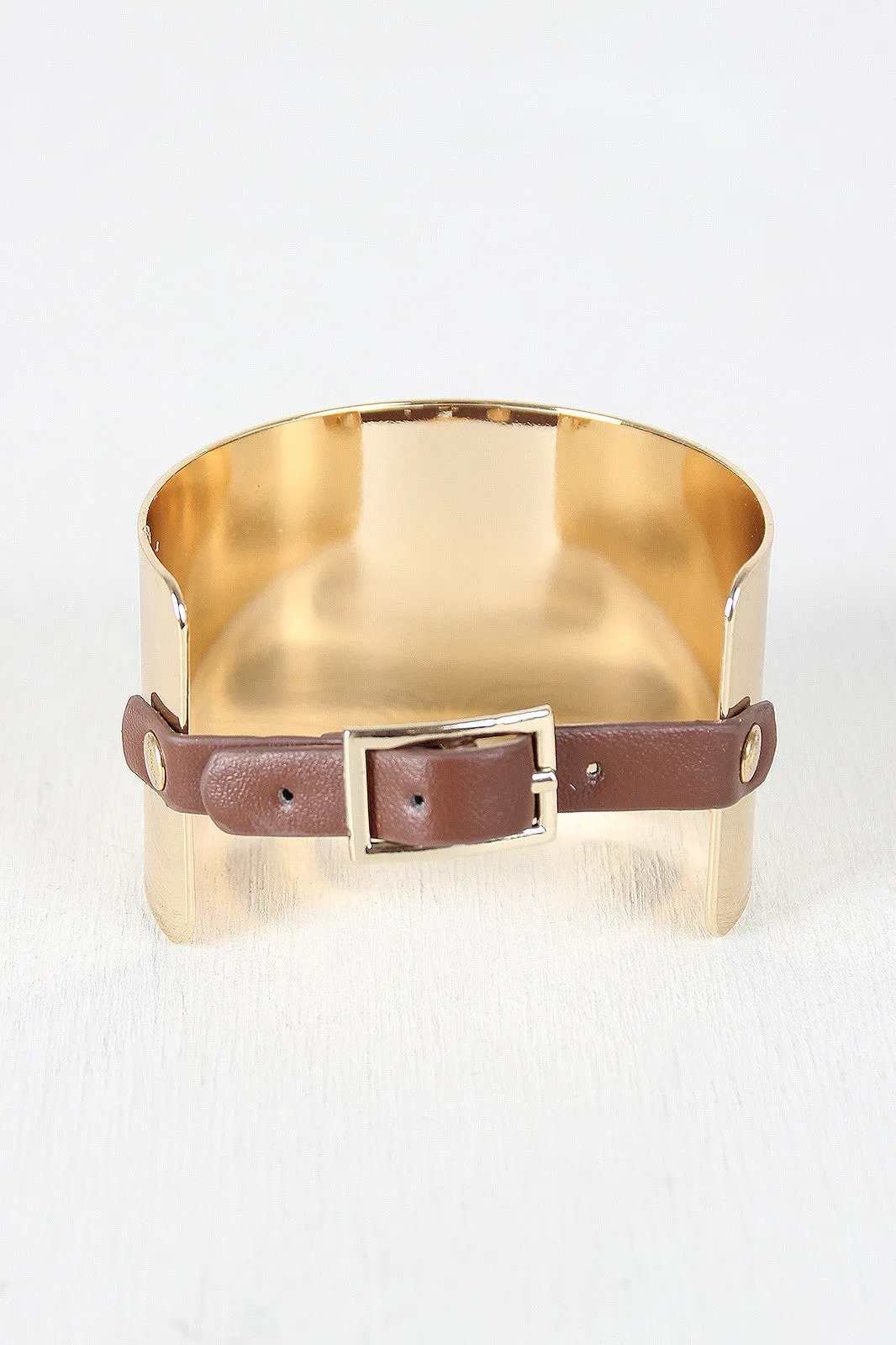 Metallic Cuff With Vegan Leather Buckle Bracelet