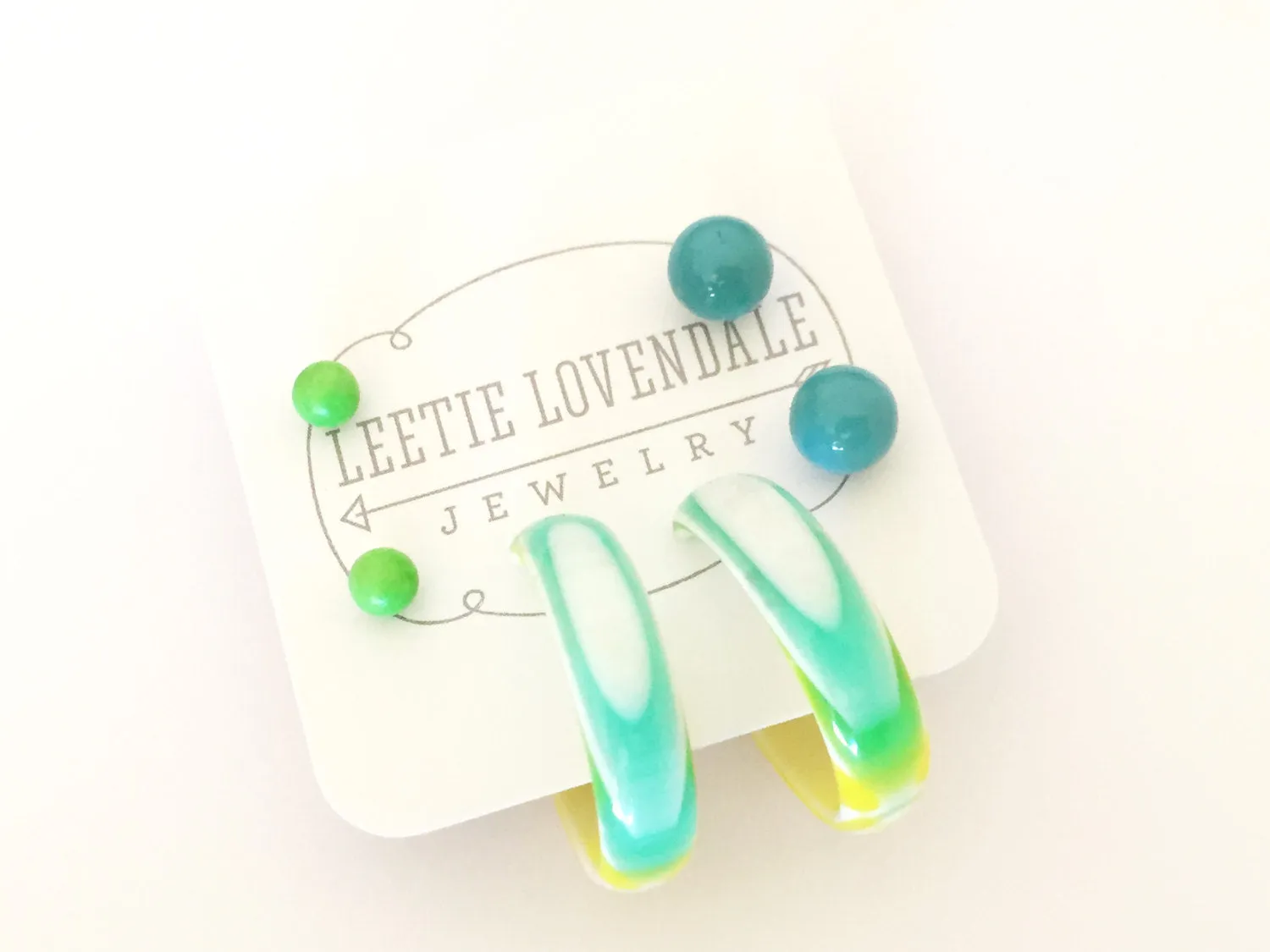 Mint Green & Yellow Marbled Hoop and Stud Earrings Set | Vintage Lucite Post Earrings