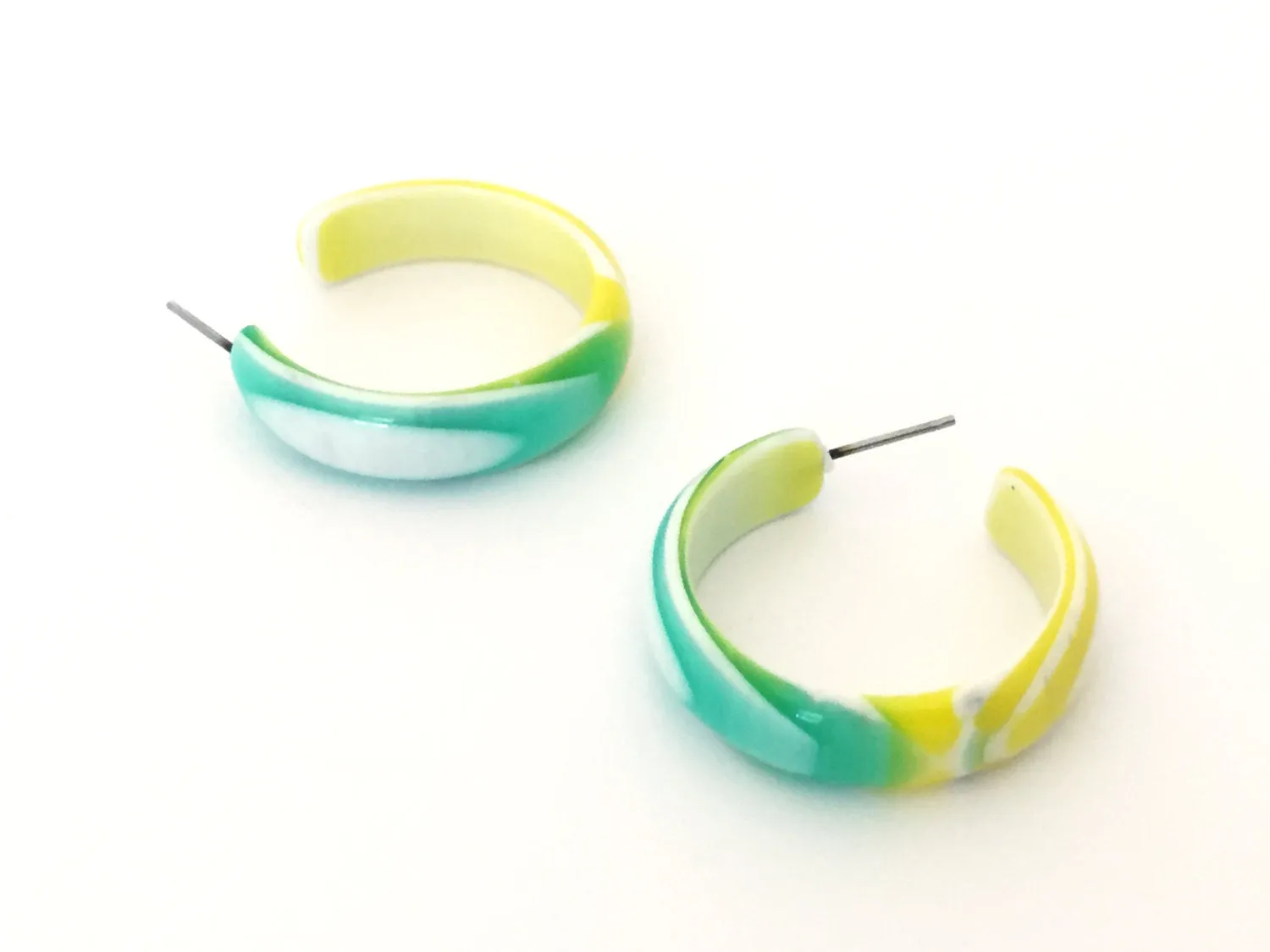 Mint Green & Yellow Marbled Hoop and Stud Earrings Set | Vintage Lucite Post Earrings