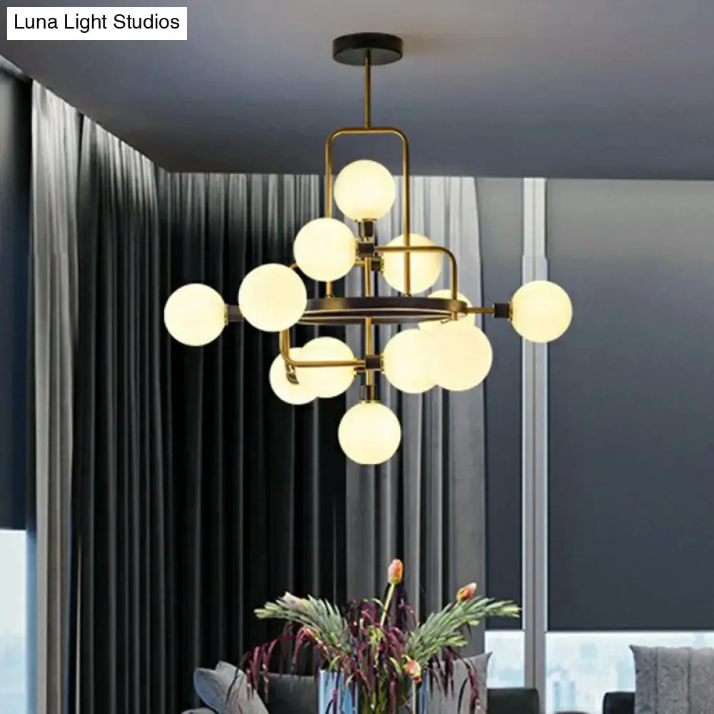 Modern Black and Brass Glass 3D Atomic Chandelier: 12-Bulb Suspension Light