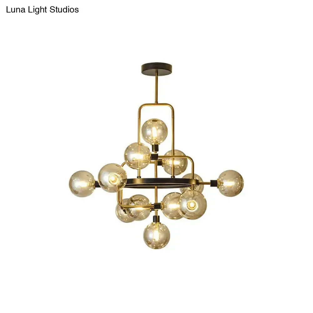 Modern Black and Brass Glass 3D Atomic Chandelier: 12-Bulb Suspension Light