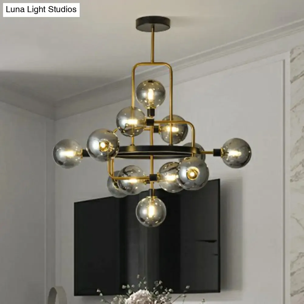 Modern Black and Brass Glass 3D Atomic Chandelier: 12-Bulb Suspension Light