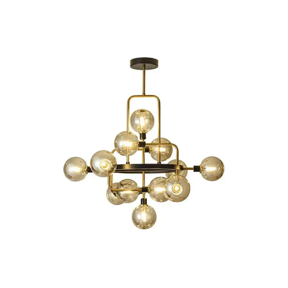 Modern Black and Brass Glass 3D Atomic Chandelier: 12-Bulb Suspension Light