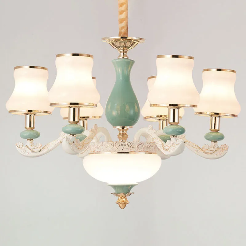 Modern Frosted Glass & White Ceramics Chandelier Light – Flared Suspension Lighting for Living Room