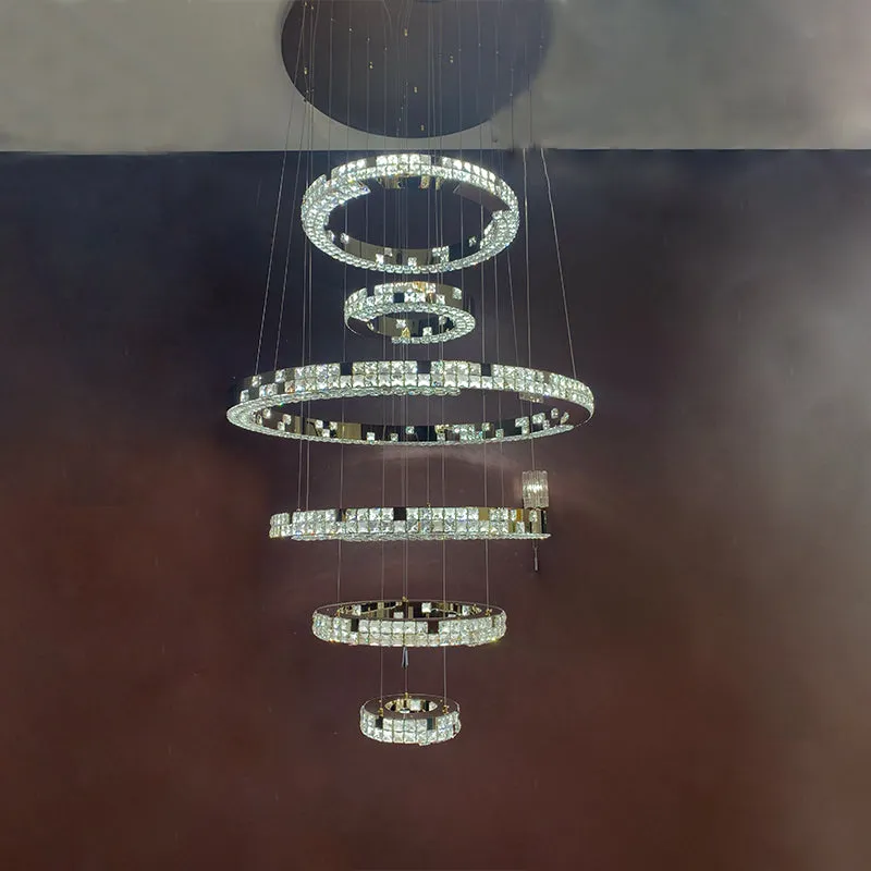 Modern Luxury 1/2/3/6-Ring Crystal Pixel Cube Chandelier Set for Staircase/Foyer/Living Room