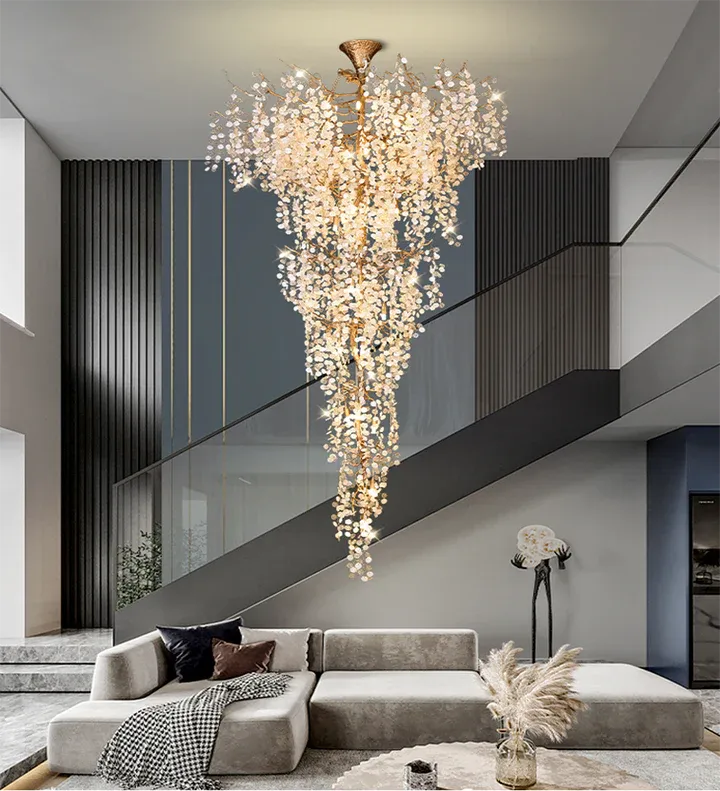 Modern Unique Artistic Flower Brass Branch Semi-flush Mount Chandelier for Living Room/ Hallway/ Entryway/ Staircase