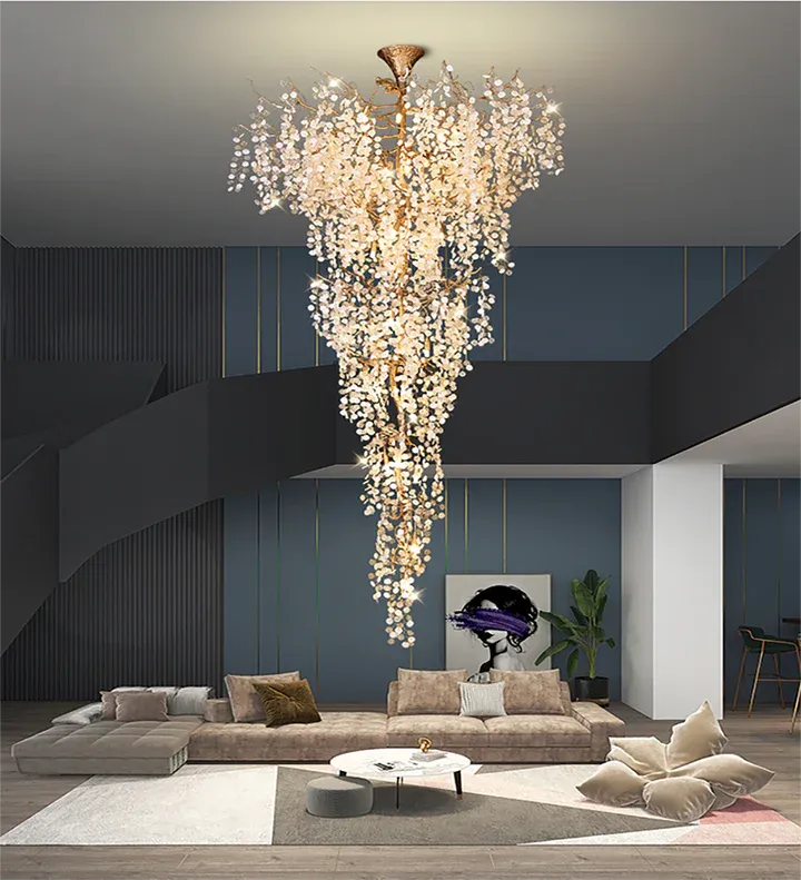 Modern Unique Artistic Flower Brass Branch Semi-flush Mount Chandelier for Living Room/ Hallway/ Entryway/ Staircase