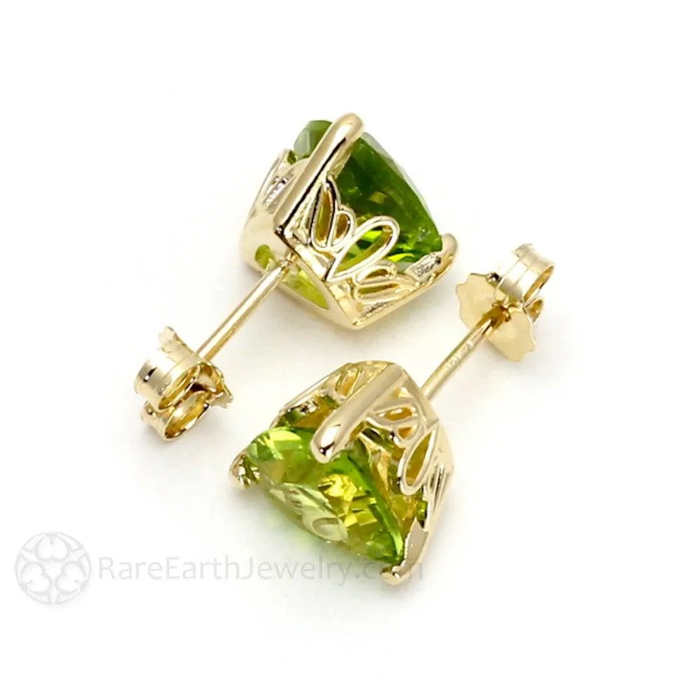 Natural Peridot Earrings Trillion Cut Peridot Studs 14K Gold Floral Posts