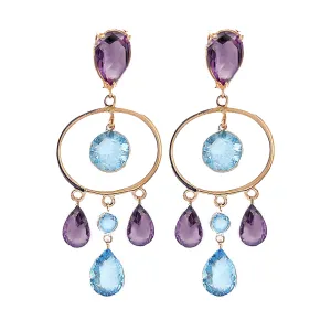 Oval Dangling Amethyst Blue topaz Earrings