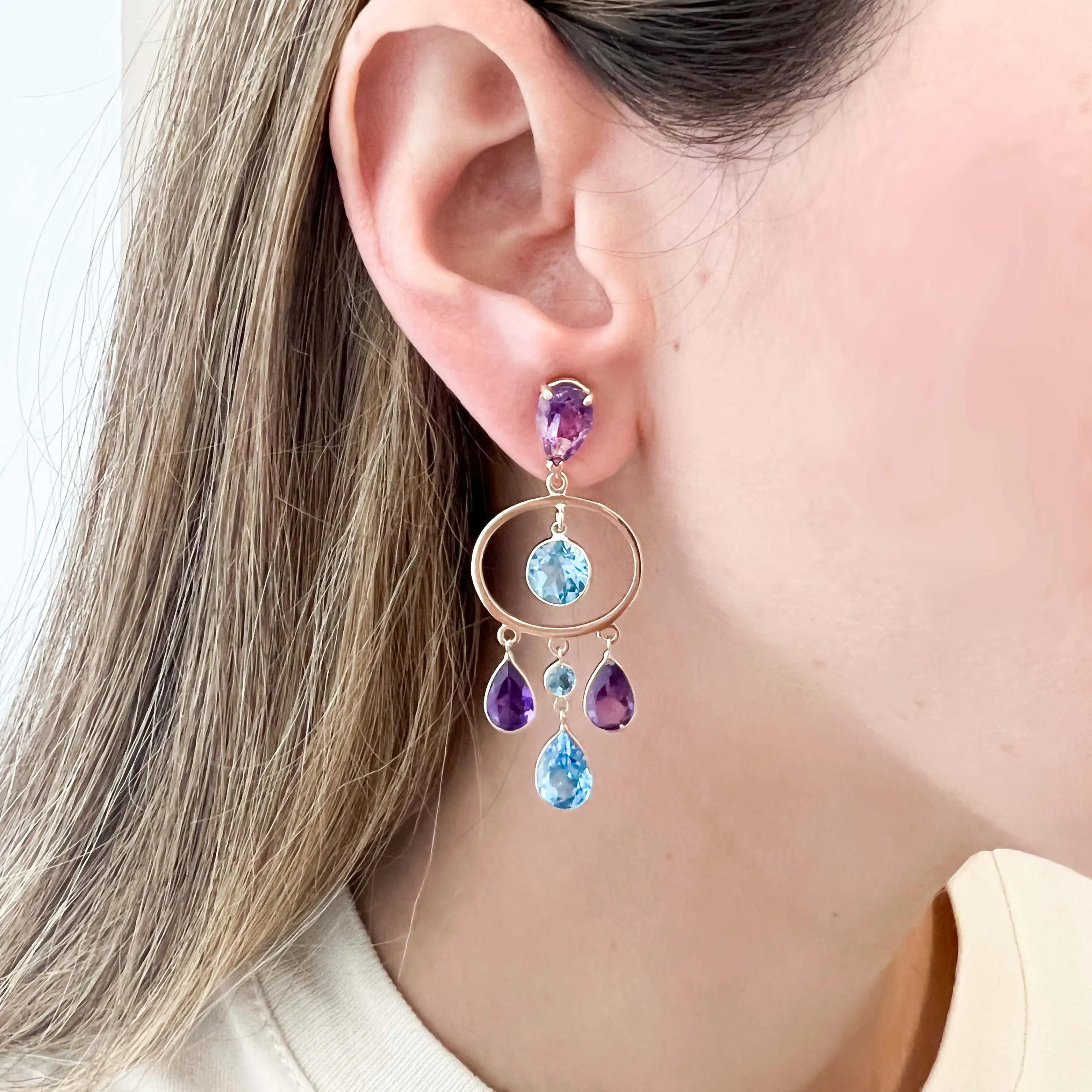 Oval Dangling Amethyst Blue topaz Earrings