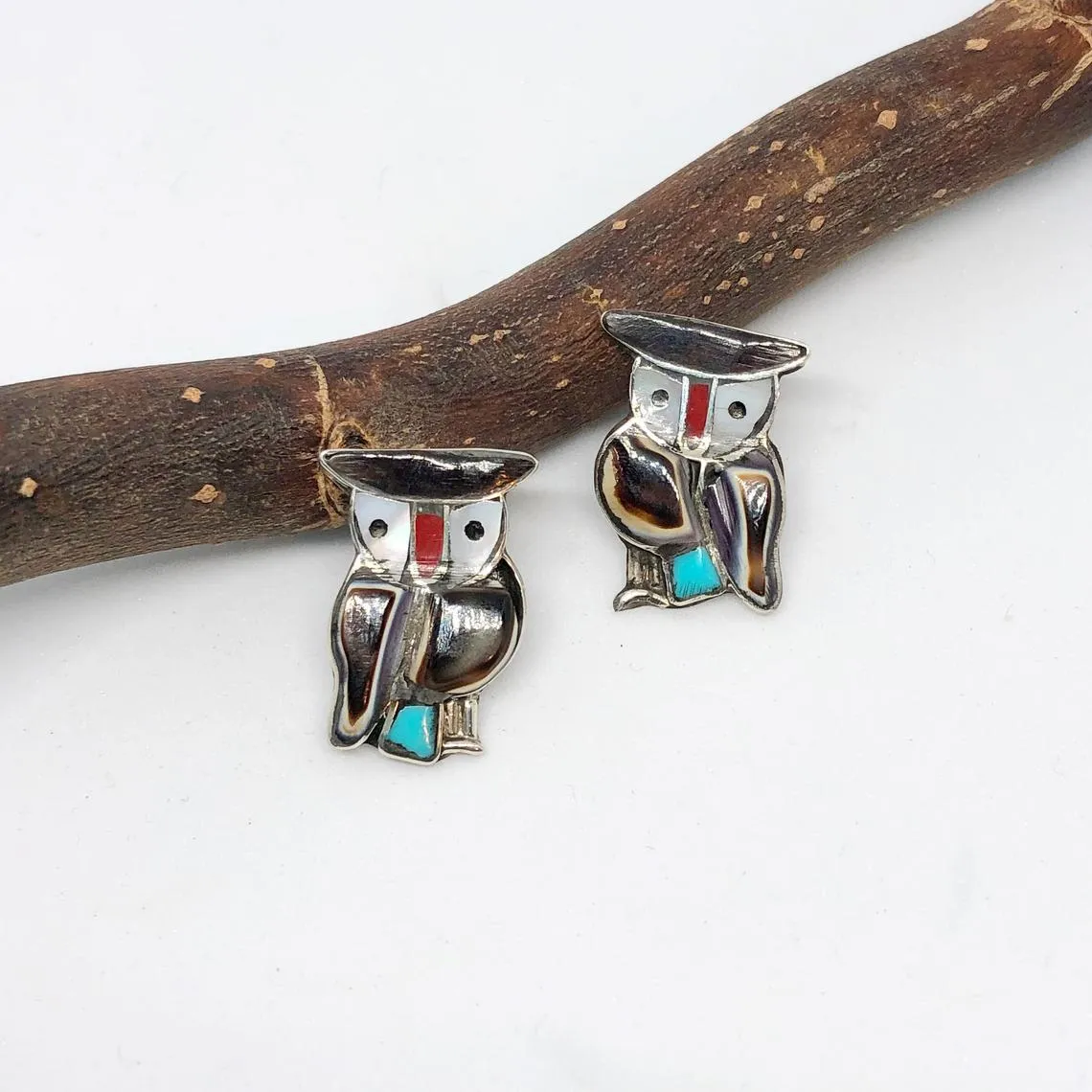 OWL LOVE Vintage 70s Silver Inlay Earrings, Zuni Style