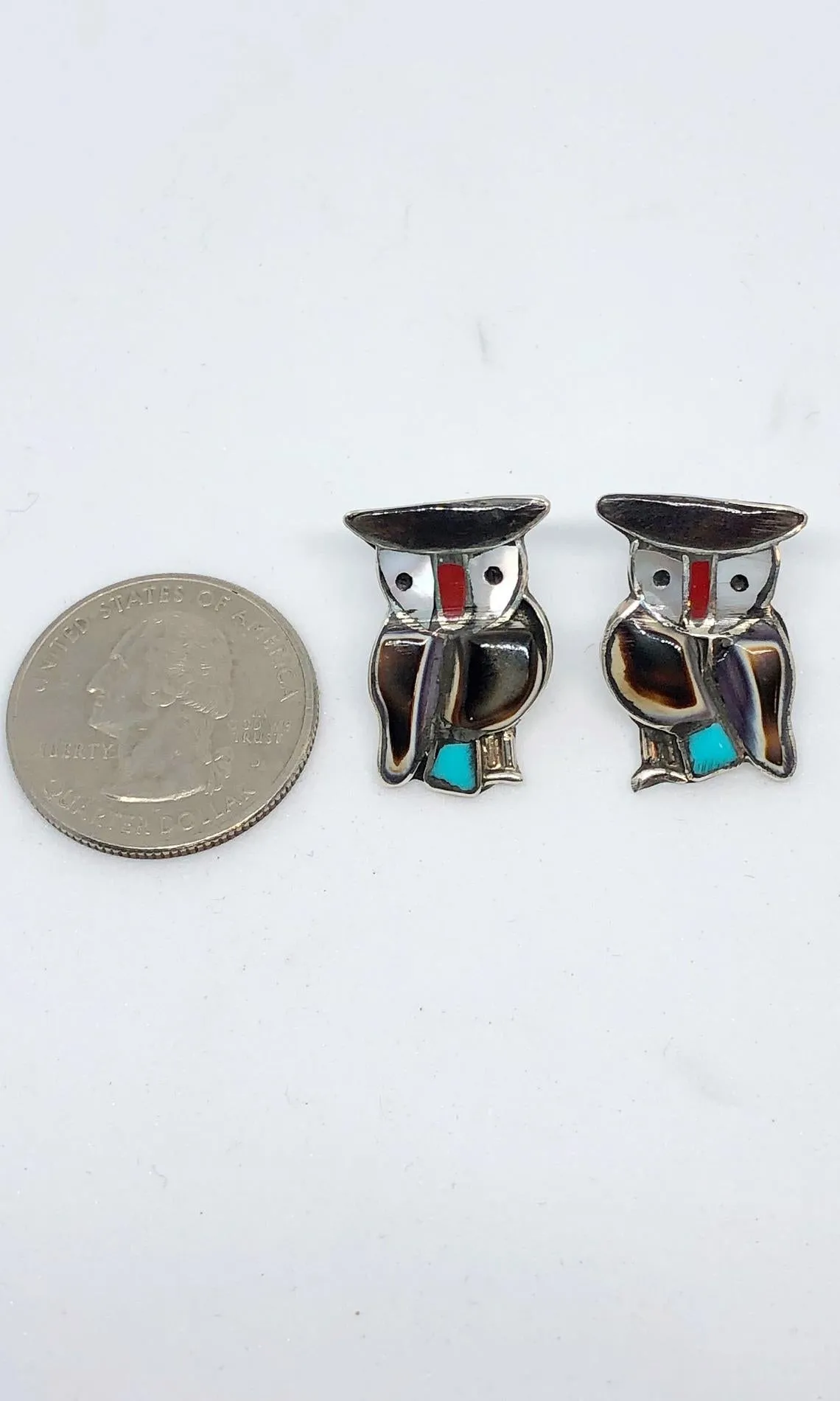 OWL LOVE Vintage 70s Silver Inlay Earrings, Zuni Style