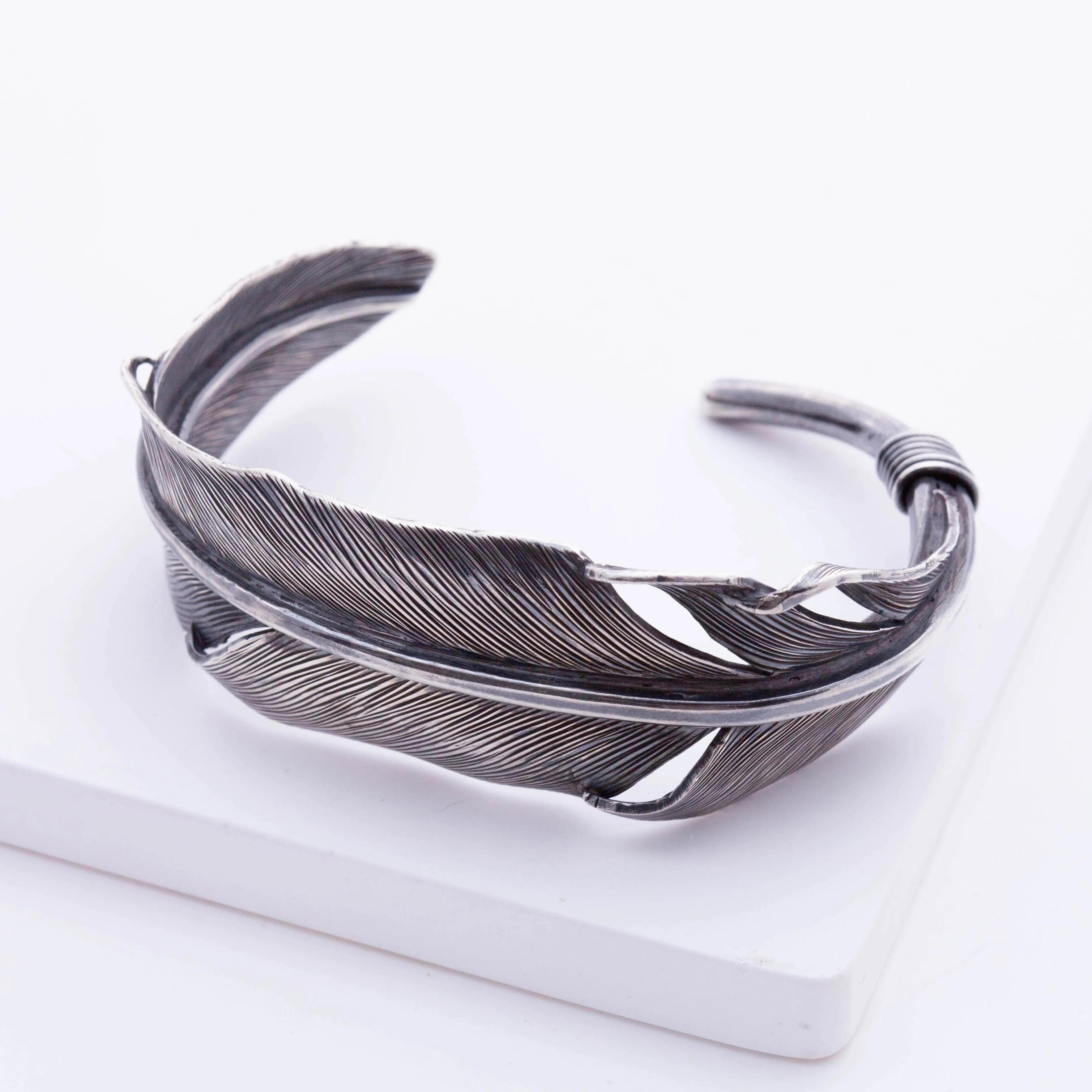 Oxidized silver feather cuff bracelet