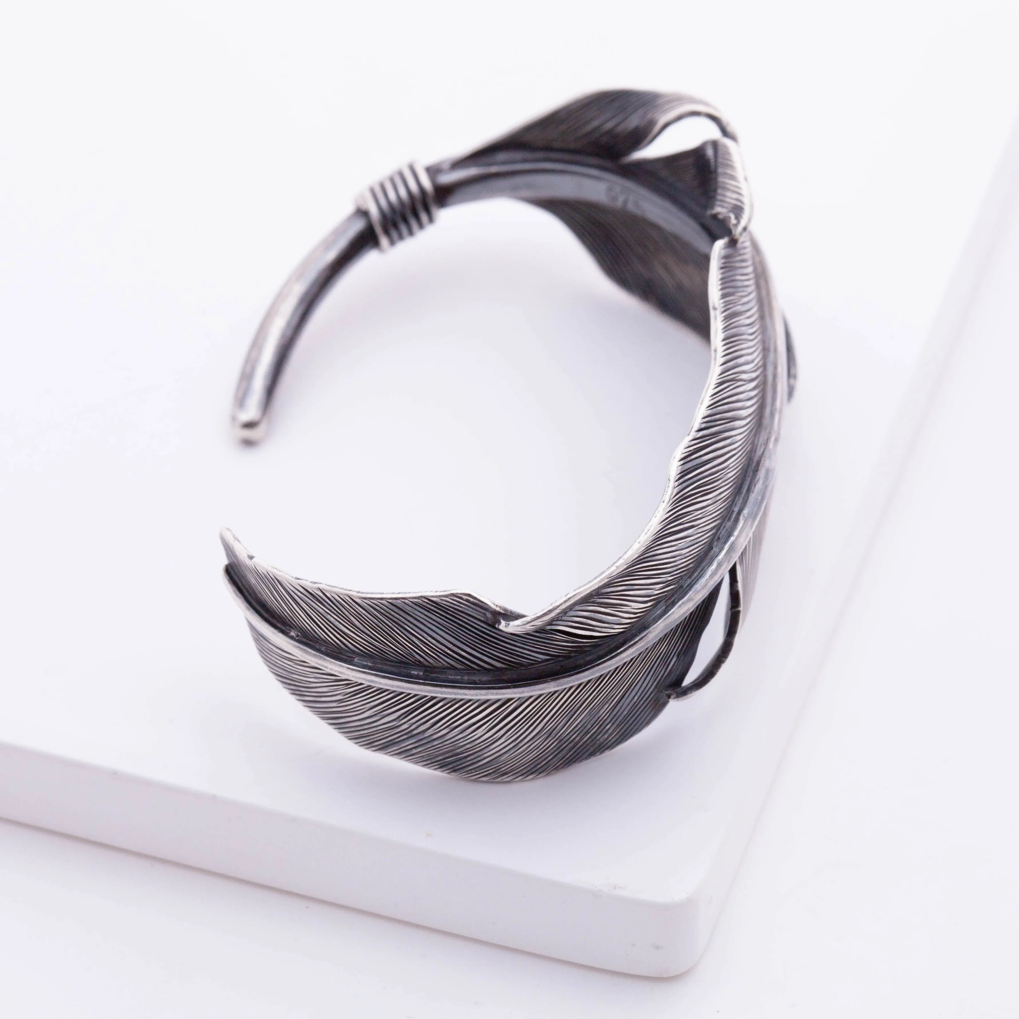 Oxidized silver feather cuff bracelet