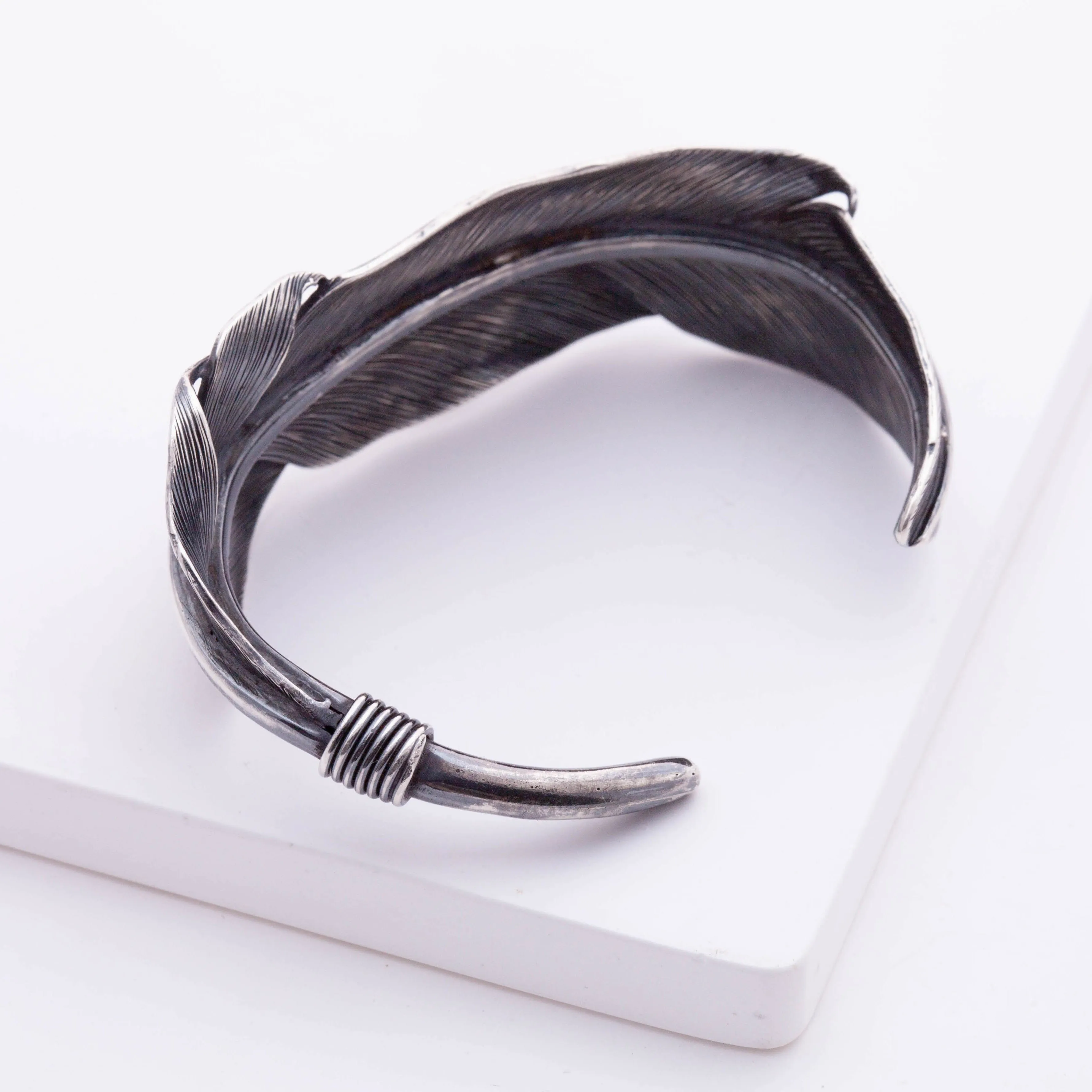 Oxidized silver feather cuff bracelet