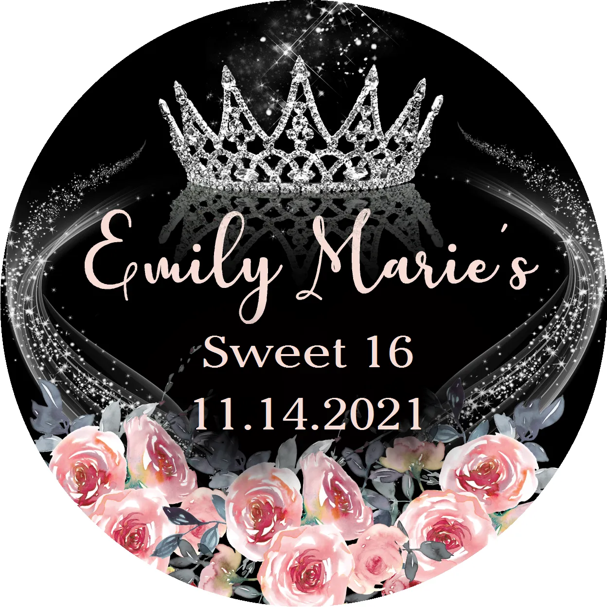 Party Favors Princess Crown Tiara Silver Rose Pink and Black Floral Personalized any age Birthday Round  Stickers  Supplies Labels