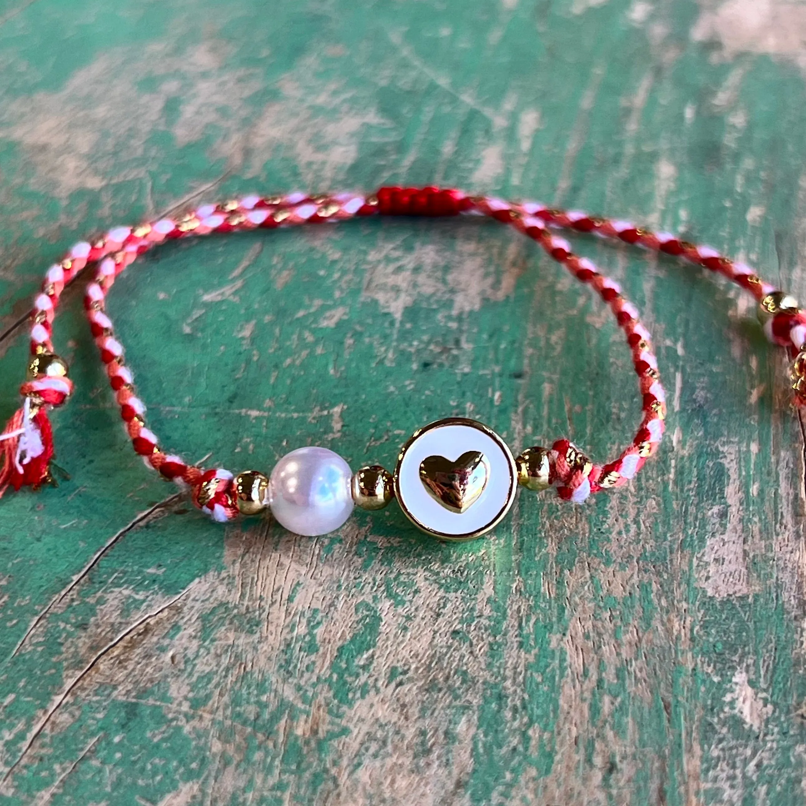 Pearl Of My Heart Red Cotton Cord Adjustable Bracelet