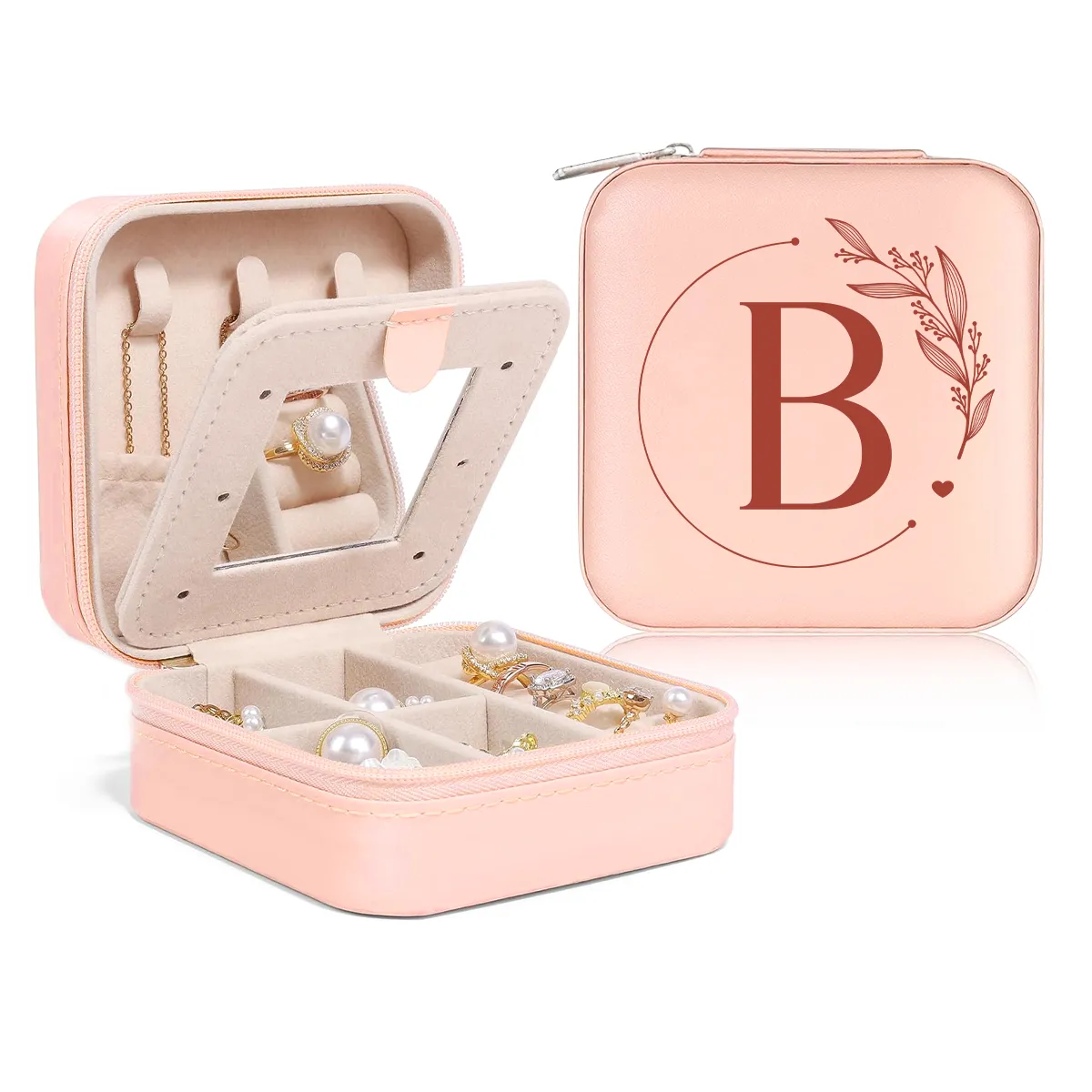 Personalized Jewelry Box, Pink Small Travel Jewelry Box with Initial B, Monogrammed Jewelry Case Organizer for Girls Women Teen, Mini Travel Essentials Gifts for Christmas Birthday