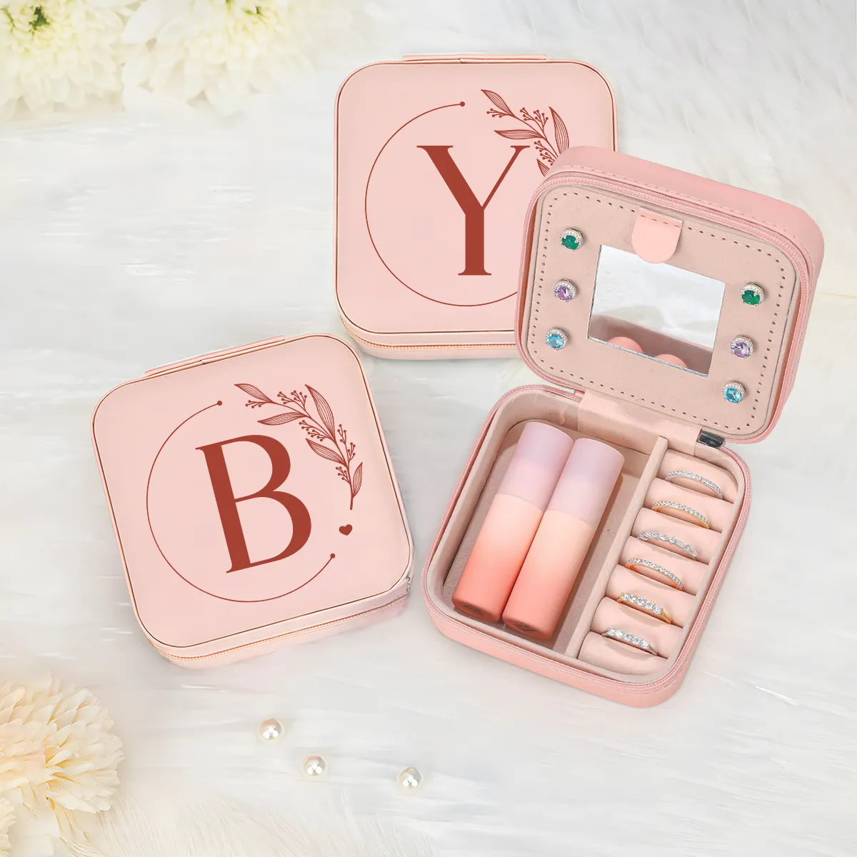 Personalized Jewelry Box, Pink Small Travel Jewelry Box with Initial B, Monogrammed Jewelry Case Organizer for Girls Women Teen, Mini Travel Essentials Gifts for Christmas Birthday