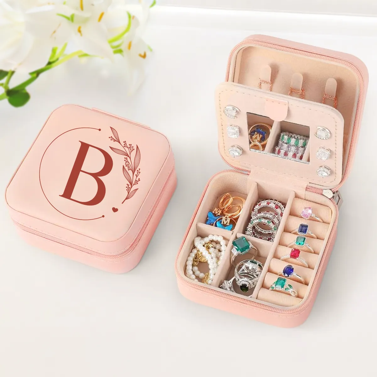 Personalized Jewelry Box, Pink Small Travel Jewelry Box with Initial B, Monogrammed Jewelry Case Organizer for Girls Women Teen, Mini Travel Essentials Gifts for Christmas Birthday