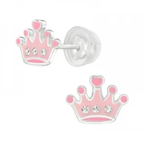 Pink Children's Silver Crown Ear Studs Crystal