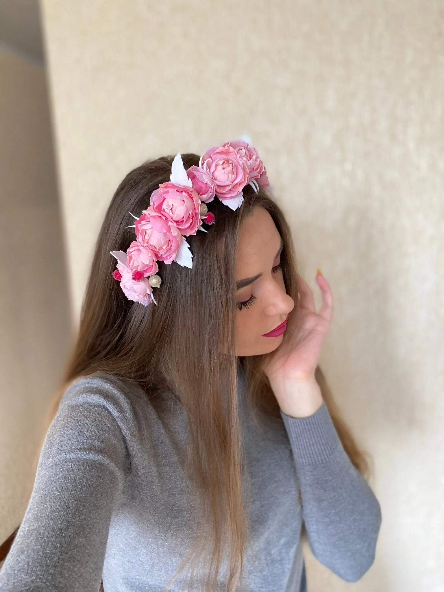 Pink Floral Crown Halo Crown Headpiece With Pink Flowers Met Gala Accessories