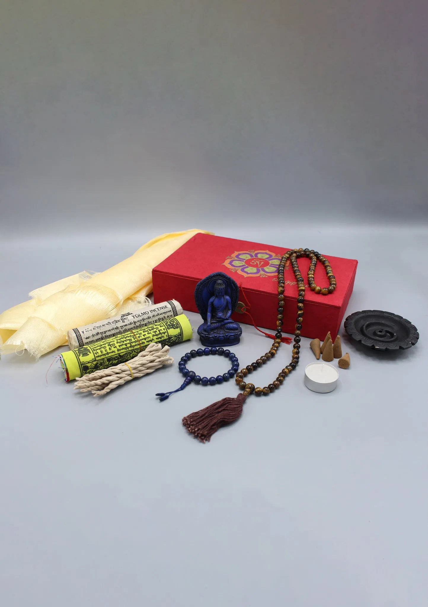 Prayer Flags, Prayer Beads and Incense Buddhist Om Mani Travel Gift Box