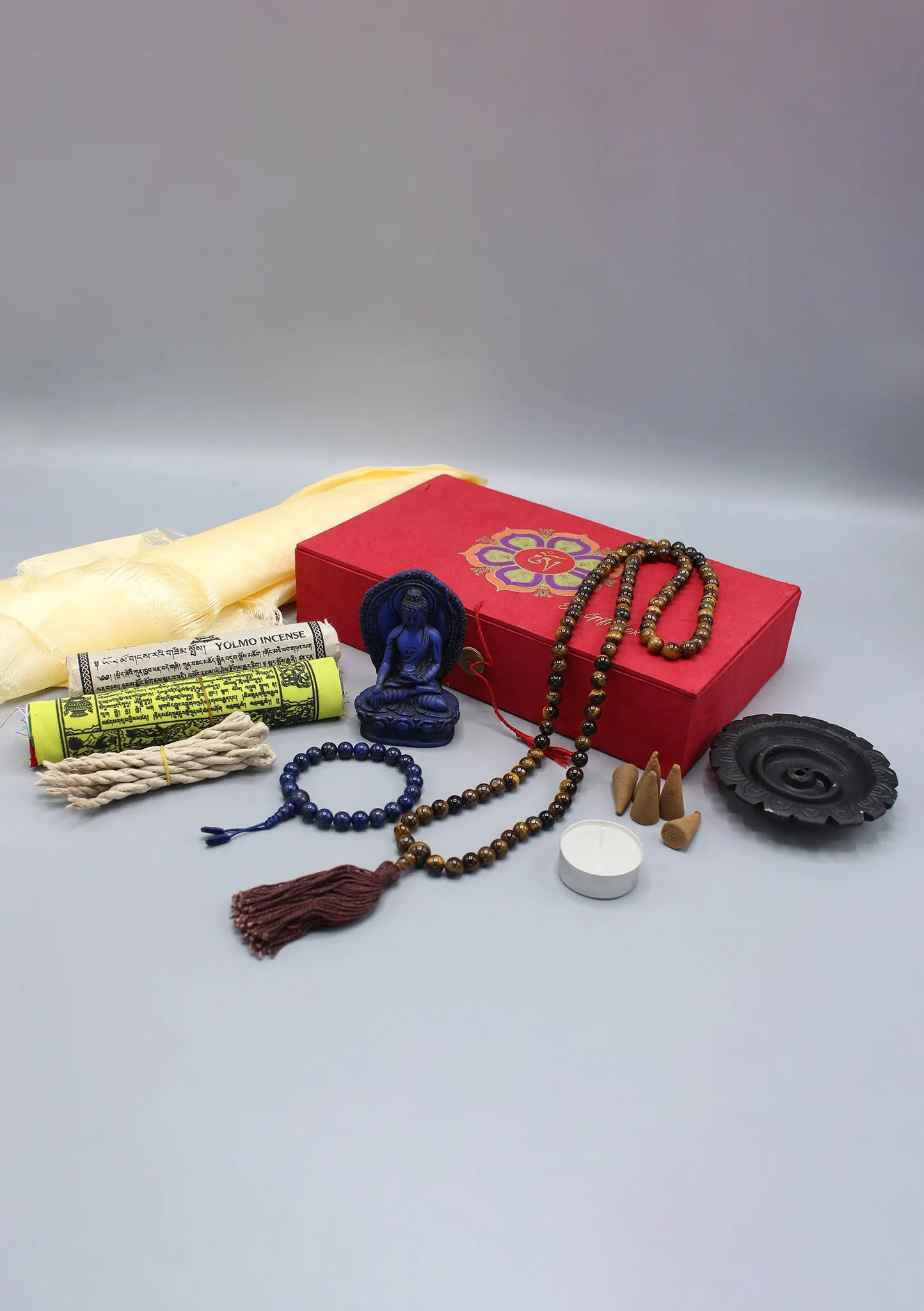 Prayer Flags, Prayer Beads and Incense Buddhist Om Mani Travel Gift Box