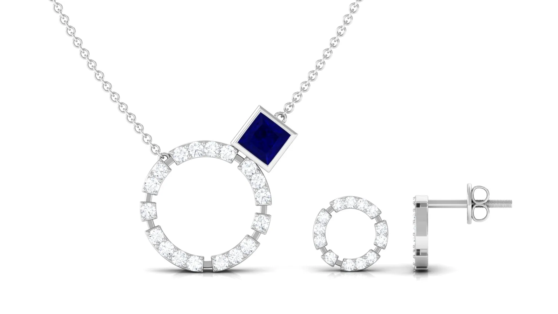 Princess Cut Blue Sapphire and Diamond Eternity Jewelry Set