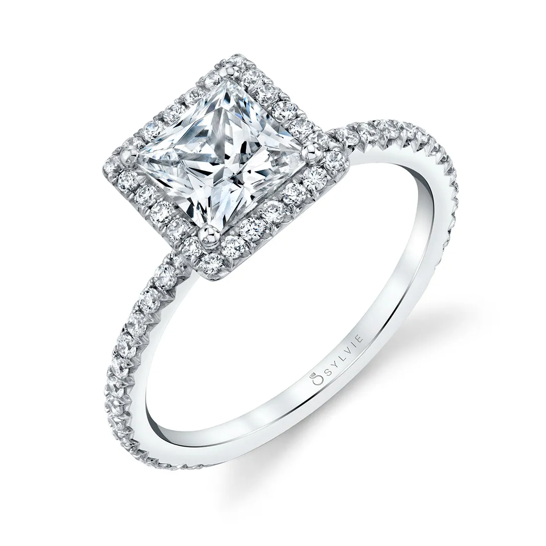 Princess Cut Classic Halo Engagement Ring - Vivian 18k Gold White