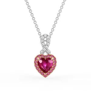 "You Are So Loved" Heart Pink Sapphire Necklace With Pavé Ribbon