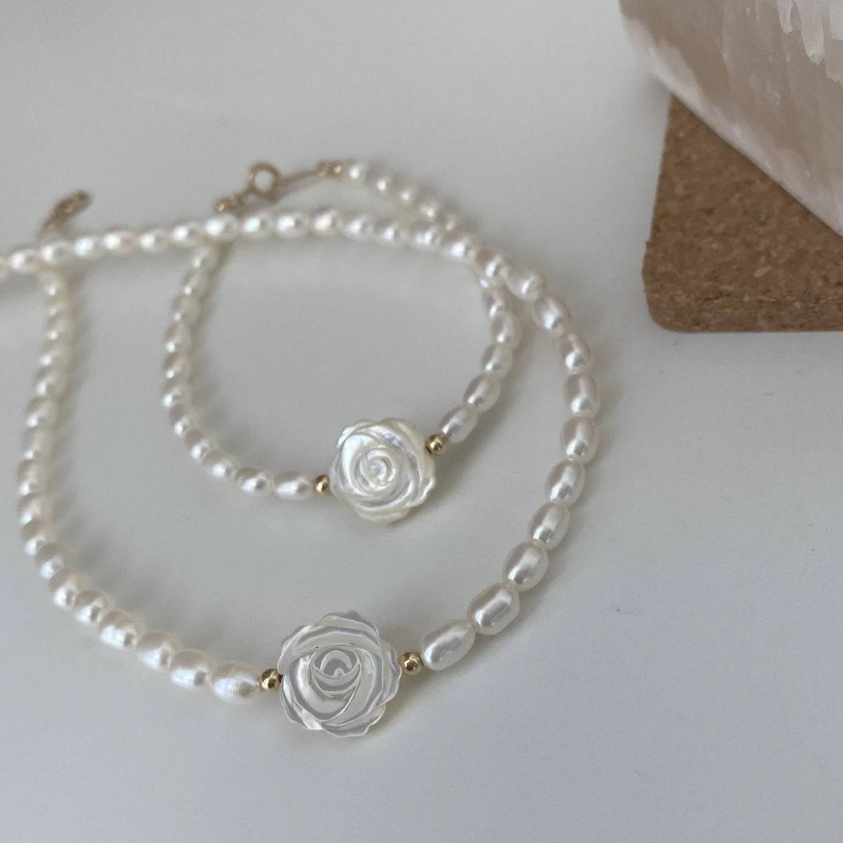 Rose Carvered Mother of Pearls Shell Necklace Bracelet (Purchase Individually)