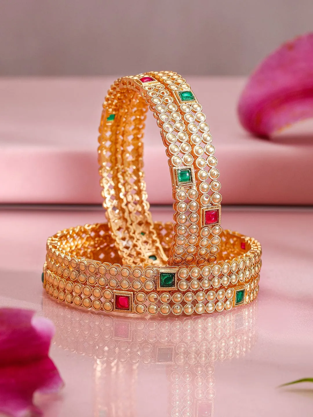 Rubans Set of 4 22K Gold-Plated Kundan Studded Bangles with Ruby & Emerald Accents