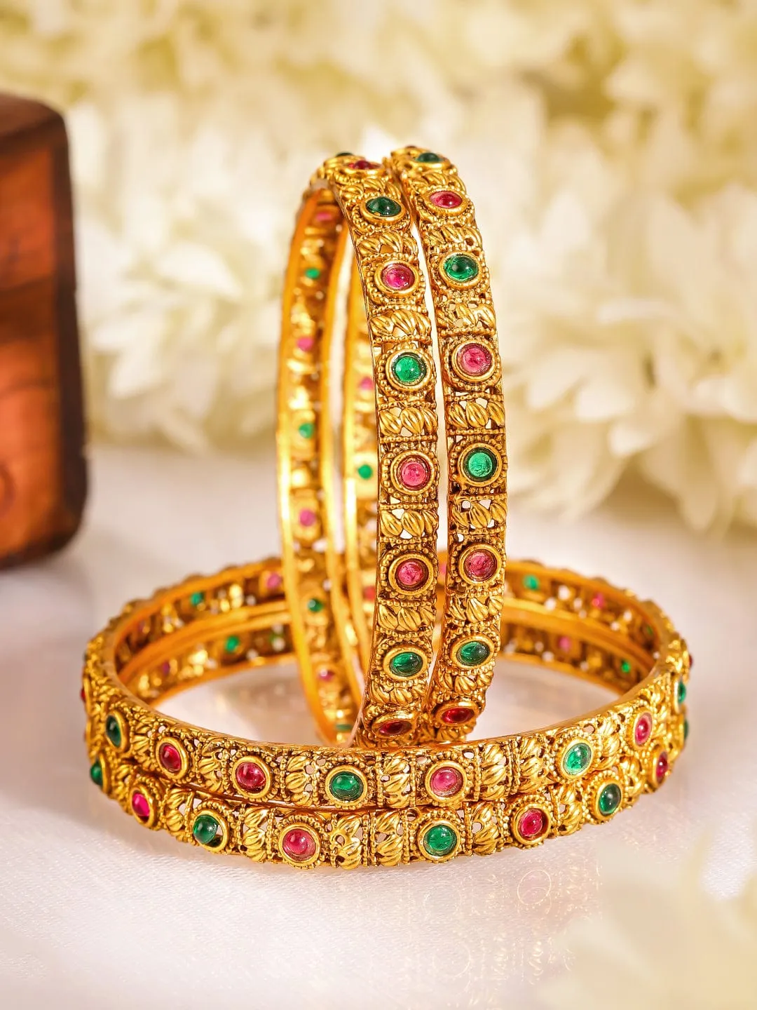 Rubans Set Of 4 Ruby Stone-Studded 22KT Gold-Plated Bangles