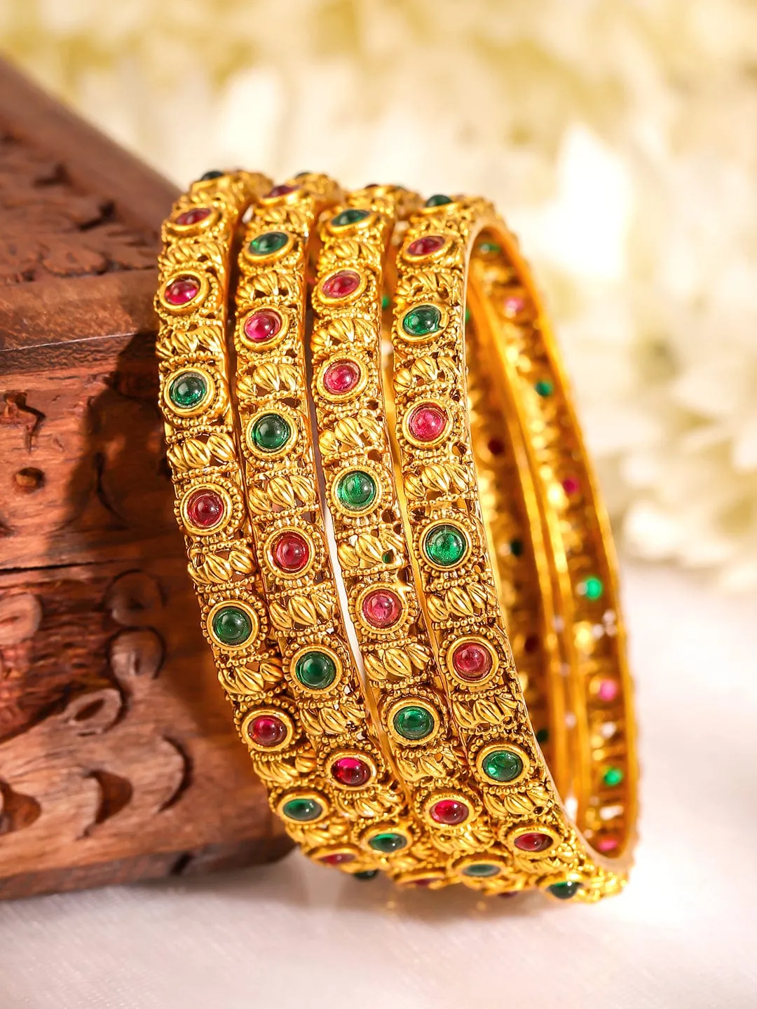 Rubans Set Of 4 Ruby Stone-Studded 22KT Gold-Plated Bangles