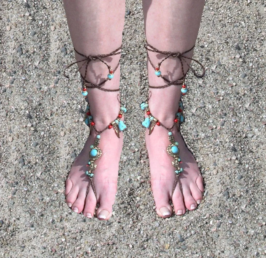 SALE 50% OFF Barefoot Sandals Turquoise Coral Silver Or Gold Conchos Feathers Beach Feet Jewelry Brown Braided Anklet Toe Ring