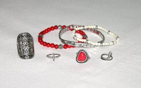 SALE 50% OFF Stacking Rings And Bracelets 7 Piece Set Coral Or Turquoise Silver Boho Tribal Shield Indian Jewelry Asp Snake Egyptian 4 Ring 3 Bracelet Set