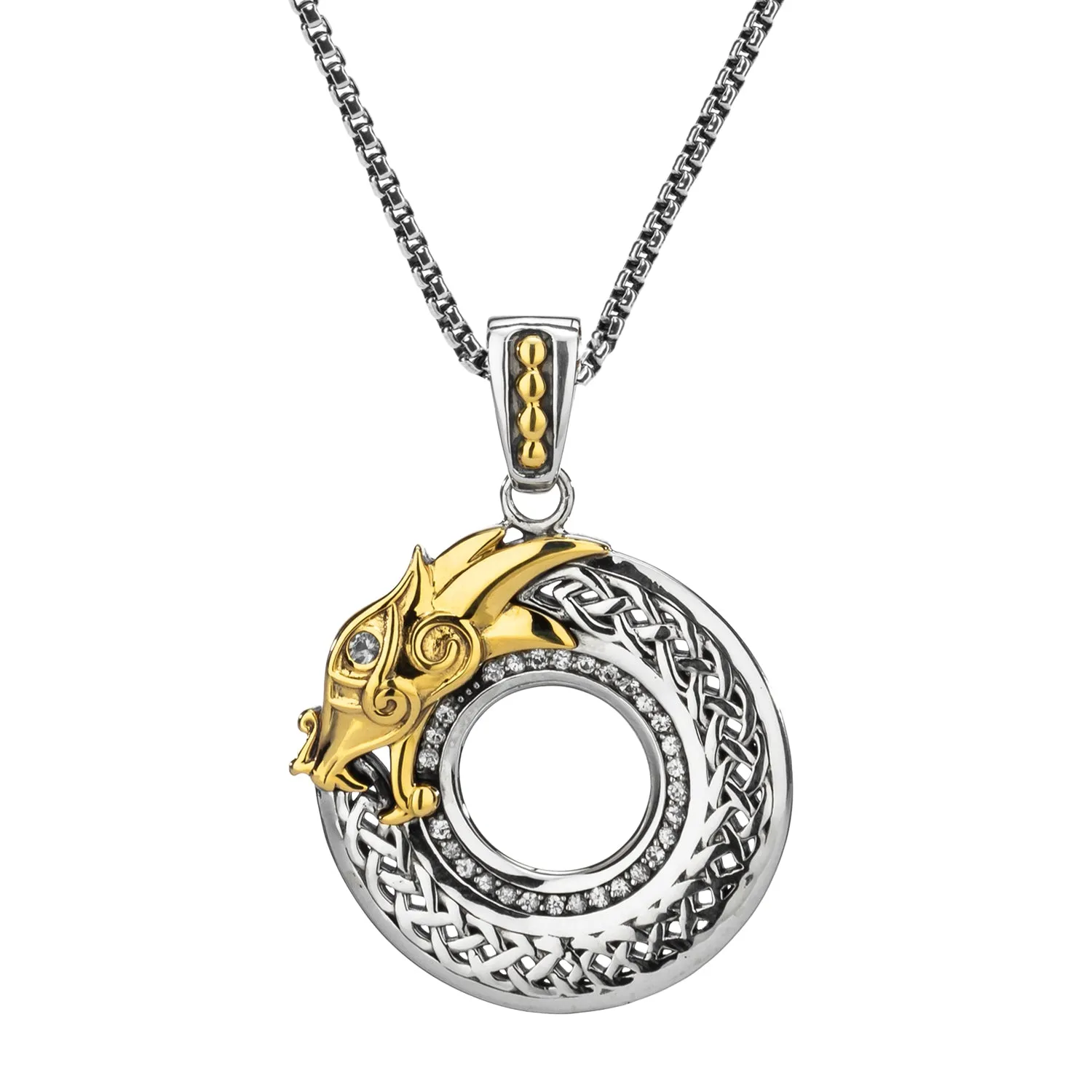 Silver and 10k Gold Dragon Pendant - White Sapphire