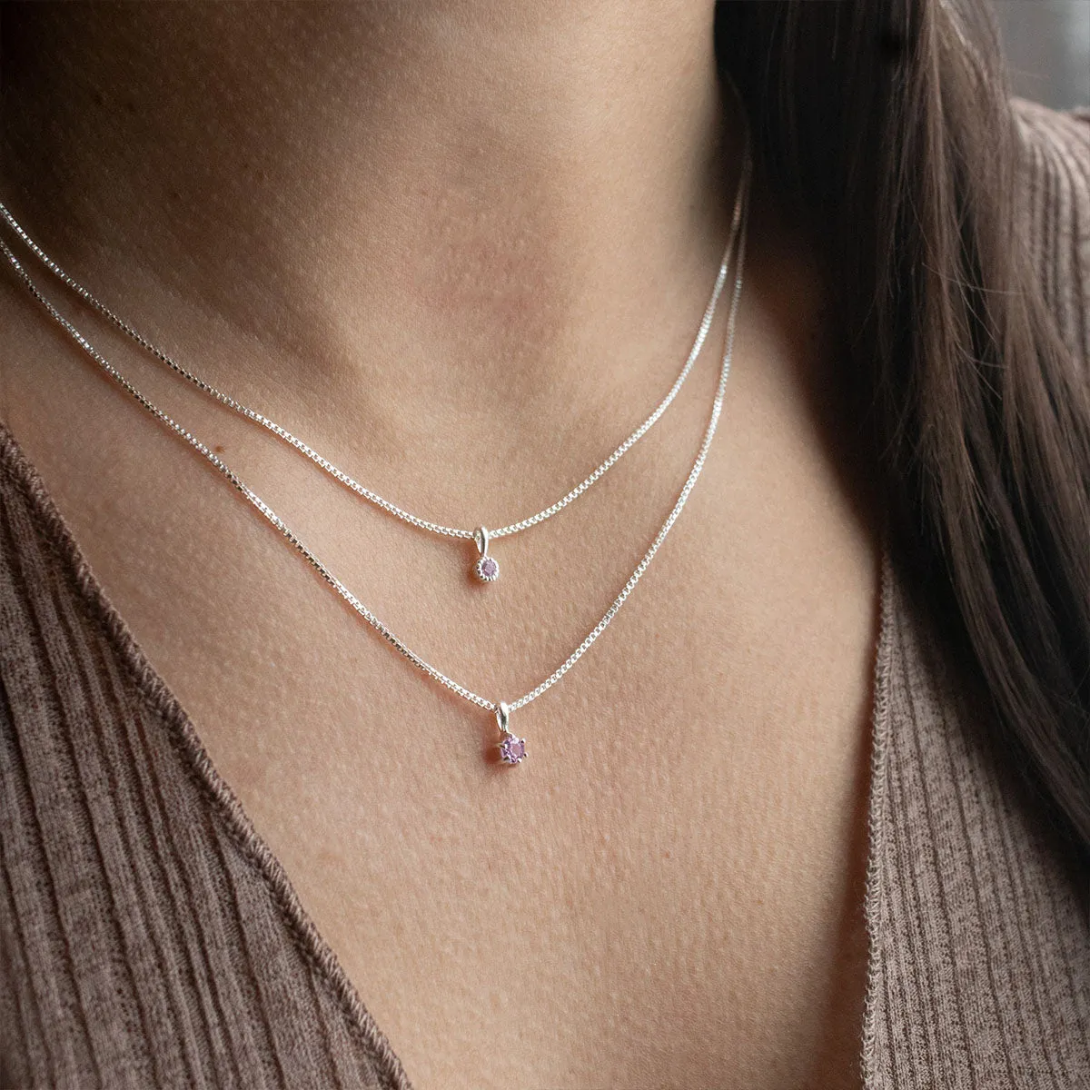 Silver Round Claw Set Pink Sapphire Necklace