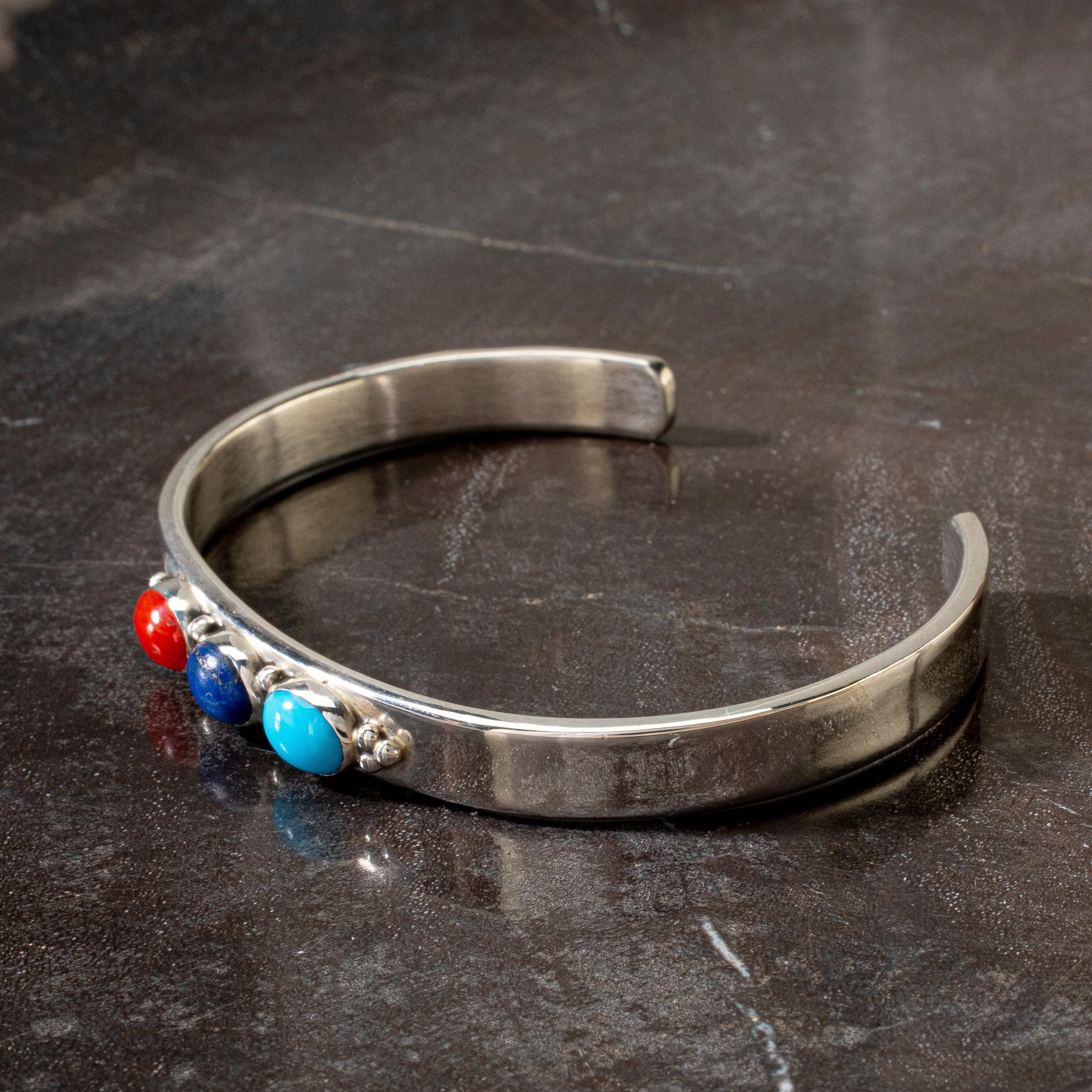 Sleeping Beauty Turquoise, Coral, Lapis Navajo USA Native American Made 925 Sterling Silver Cuff