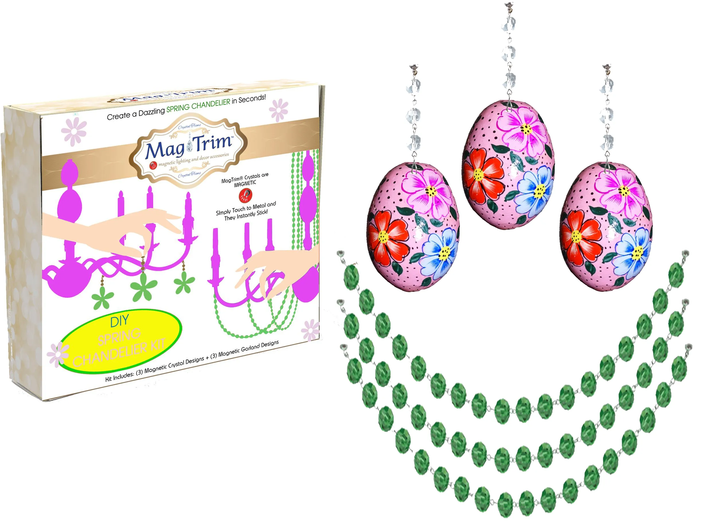 SPRING CHANDELIER MAKEOVER KIT - (3) Pink Floral Egg   (3) 12" Green Crystal Garland (Set/6)